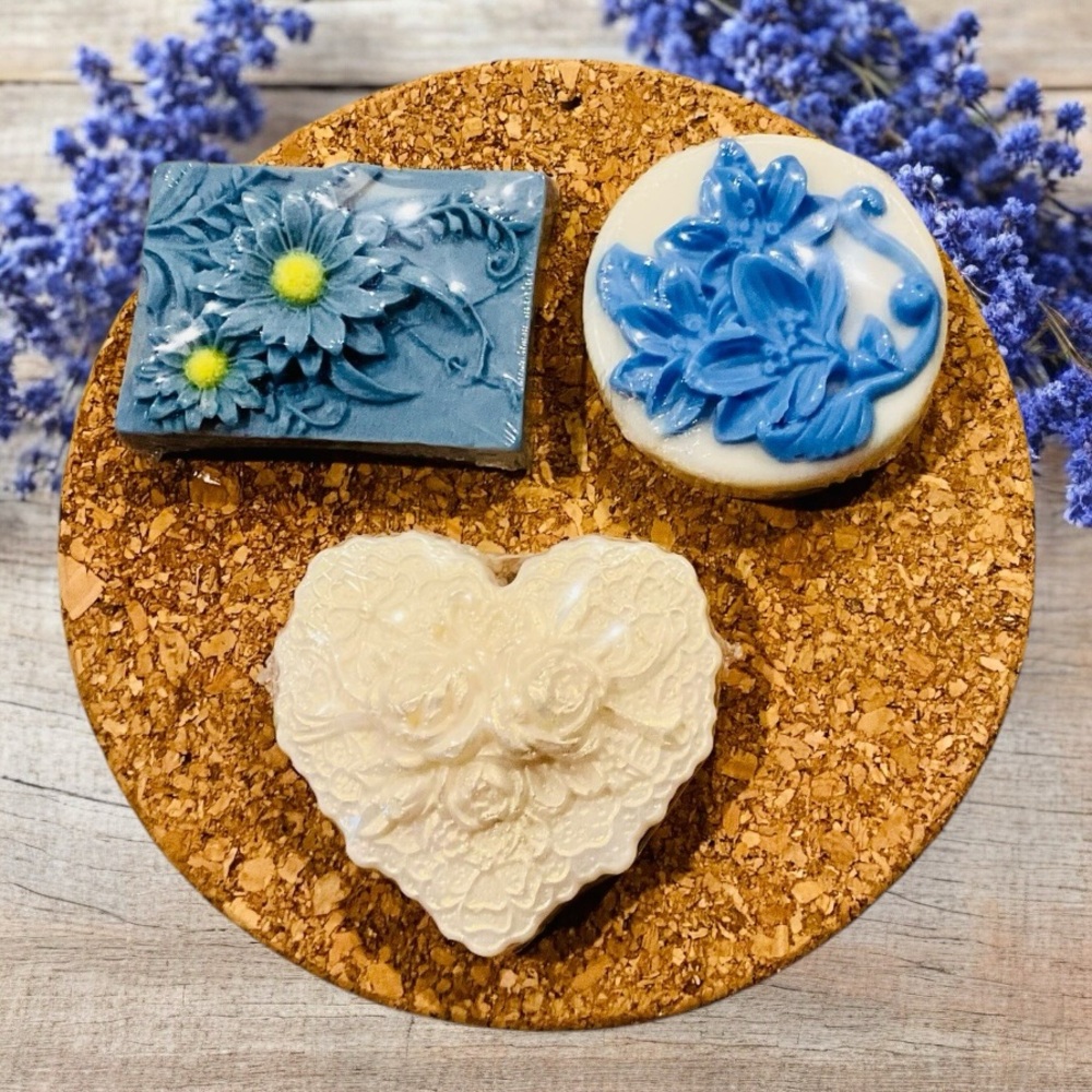 Elegant Blue and Cream Bath Soap with Floral Embossing- Set of 3
